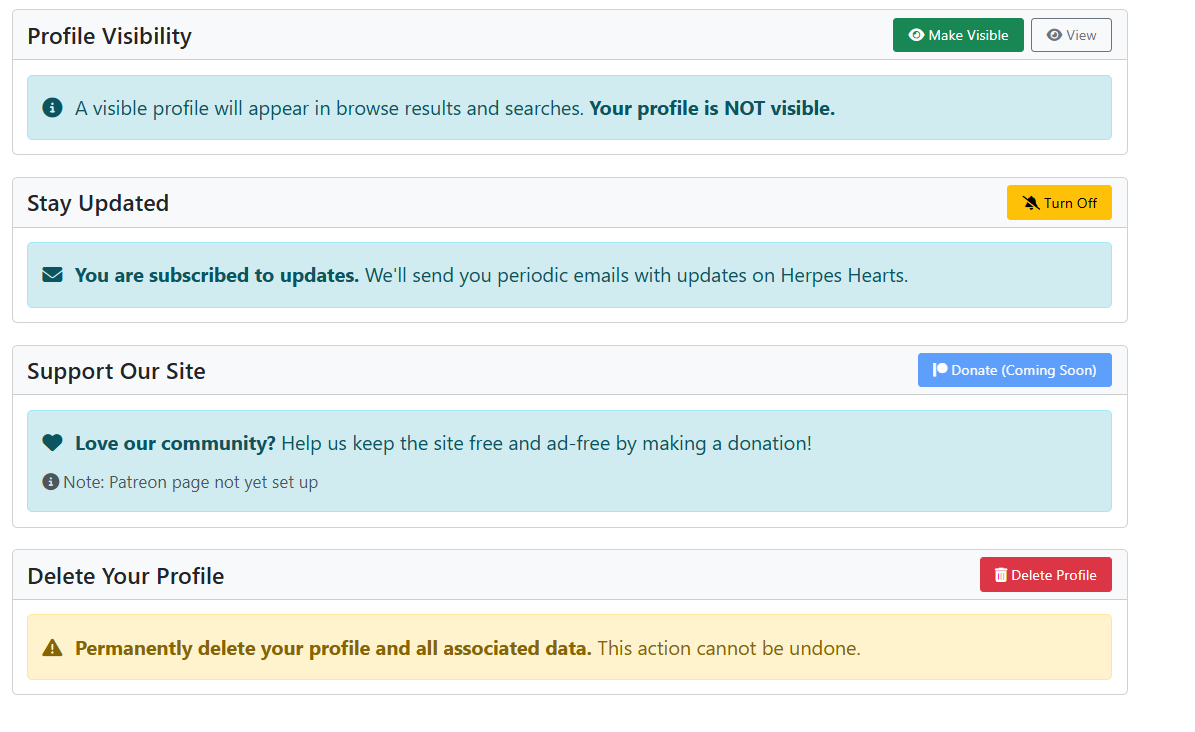 Settings page showing Delete Your Profile section